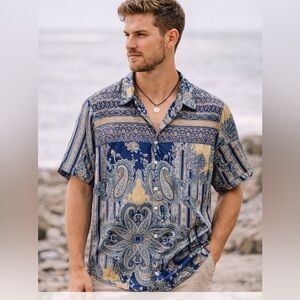 Earthbound Silky Paisley Button Up Shirt Boho Festival Unisex Size L Satin Artsy